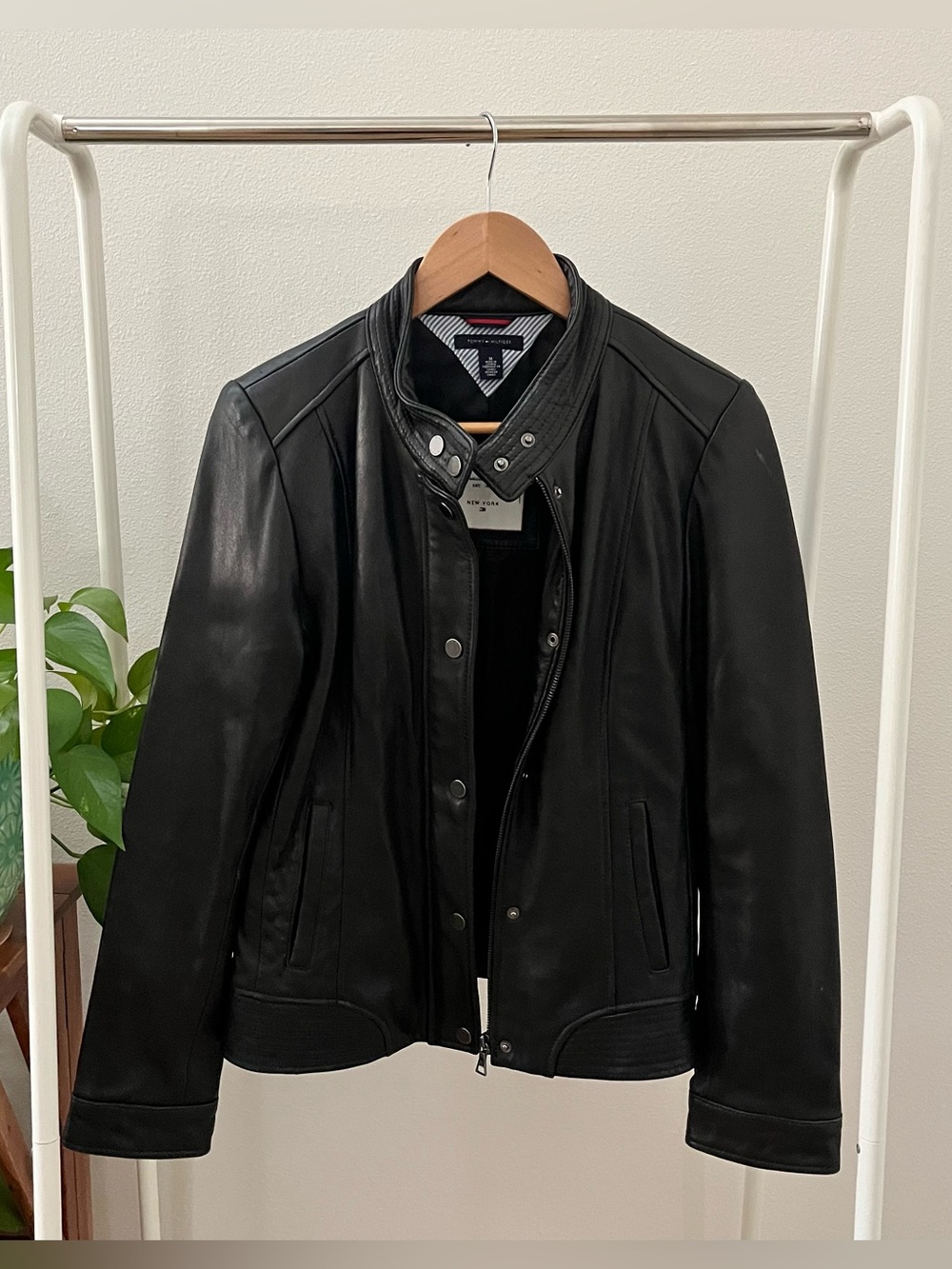 Tommy Hilfiger Black Genuine Leather Moto Jacket, Size M